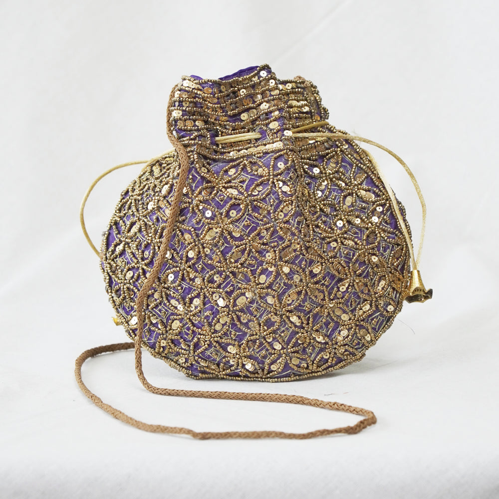 Cotton Faux Silk Embroidery Womens Navy Blue Golden Potli