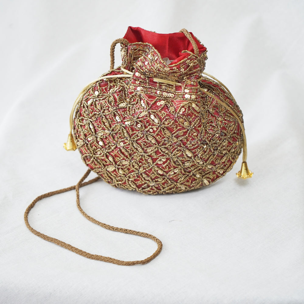 Cotton Faux Silk Embroidery Womens Burgundy Golden Potli