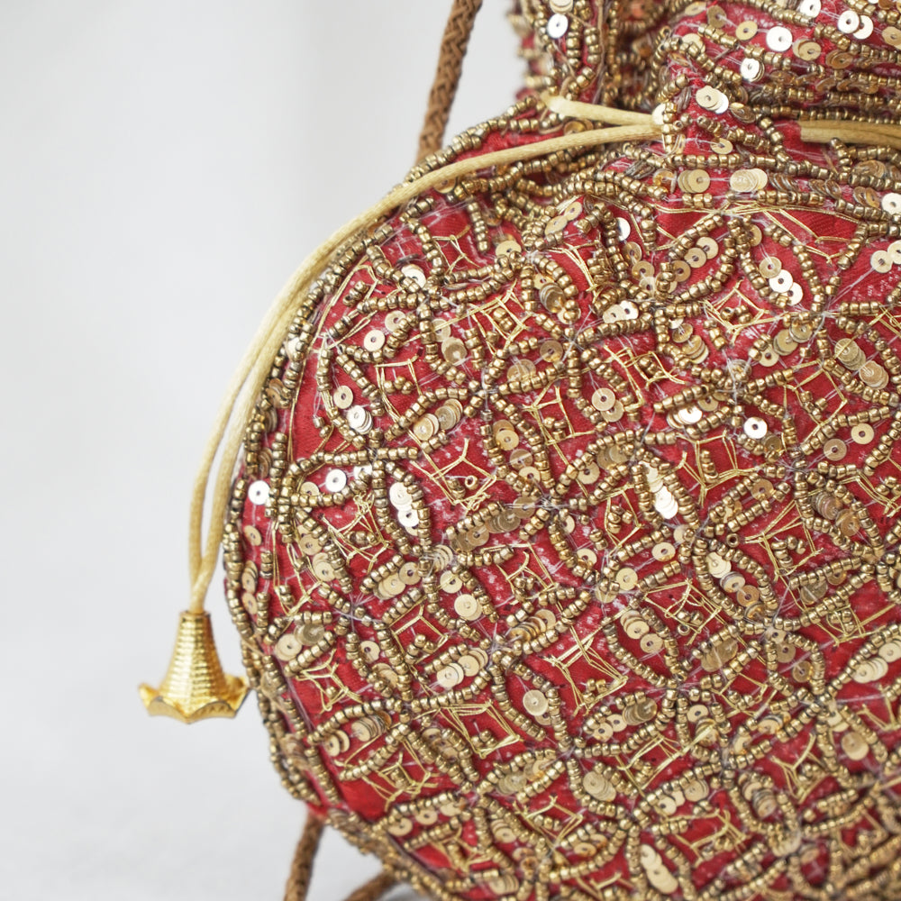 Cotton Faux Silk Embroidery Womens Burgundy Golden Potli