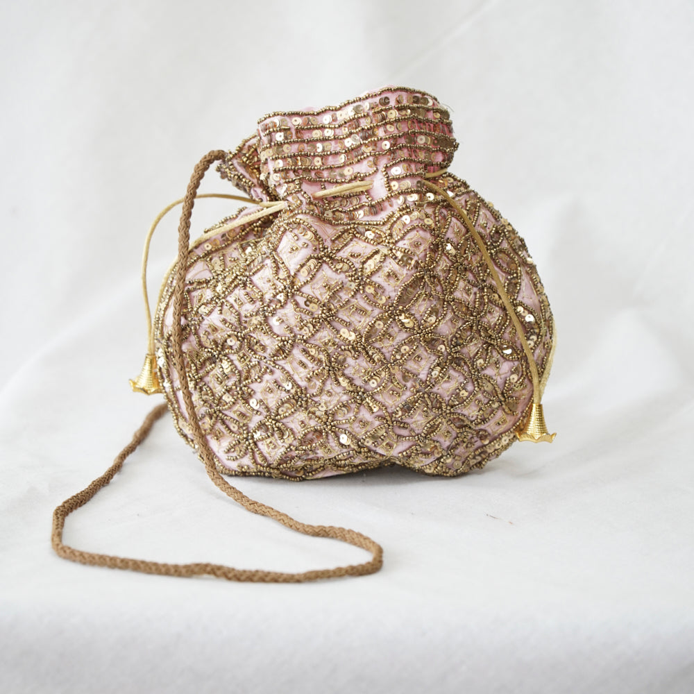 Cotton Faux Silk Embroidery Womens Pink Golden Potli