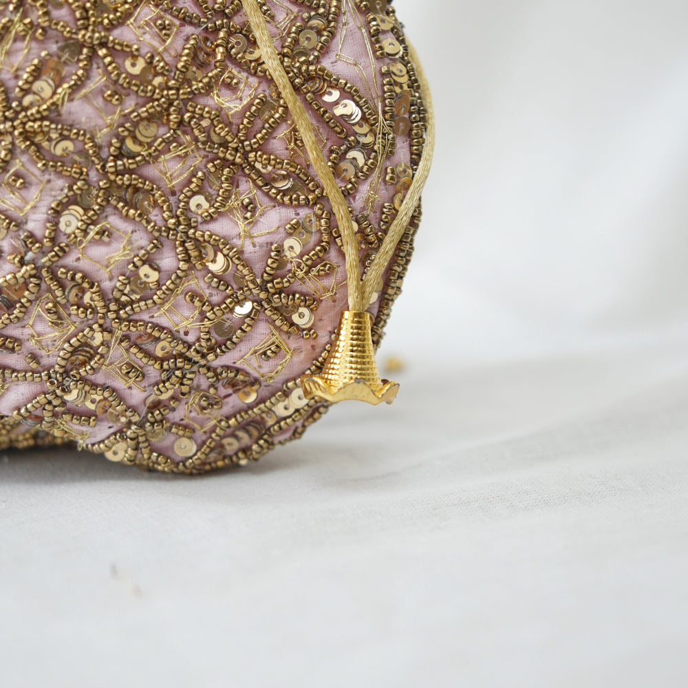 Cotton Faux Silk Embroidery Womens Pink Golden Potli