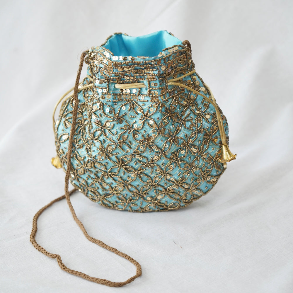 Cotton Faux Silk Embroidery Womens Baby Blue Golden Potli