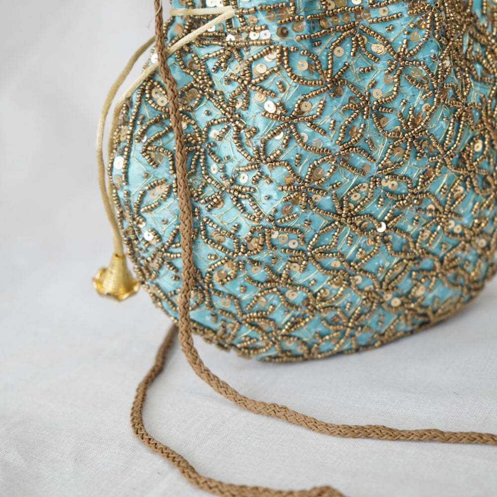 Cotton Faux Silk Embroidery Womens Baby Blue Golden Potli