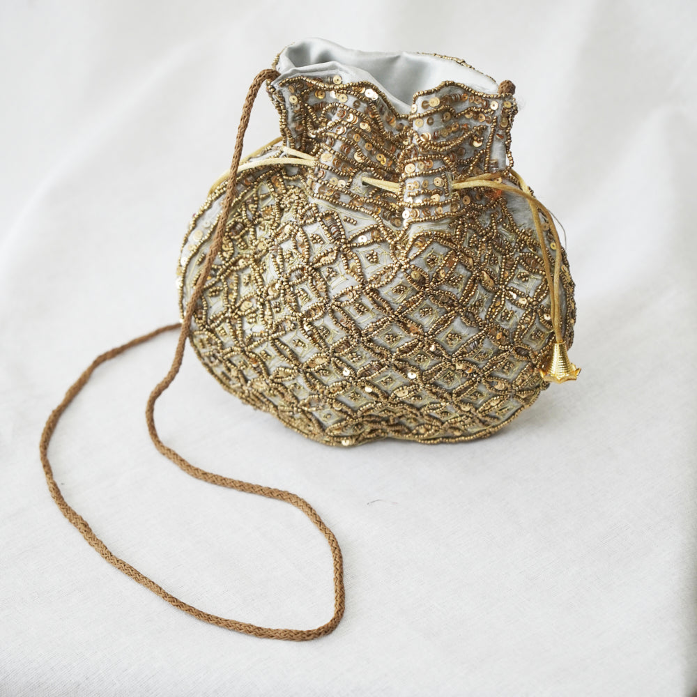 Cotton Faux Silk Embroidery Womens Powder Golden Potli