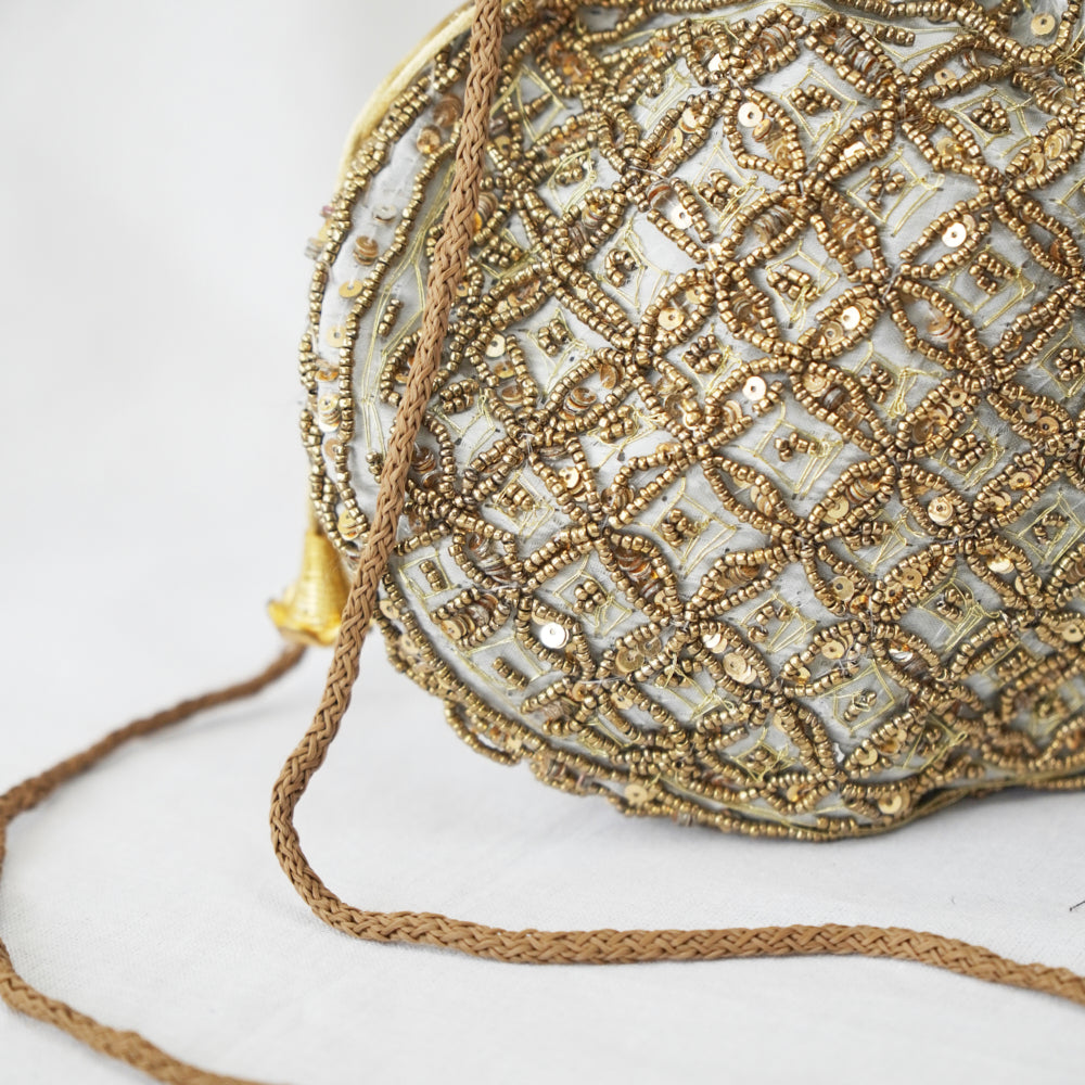 Cotton Faux Silk Embroidery Womens Powder Golden Potli