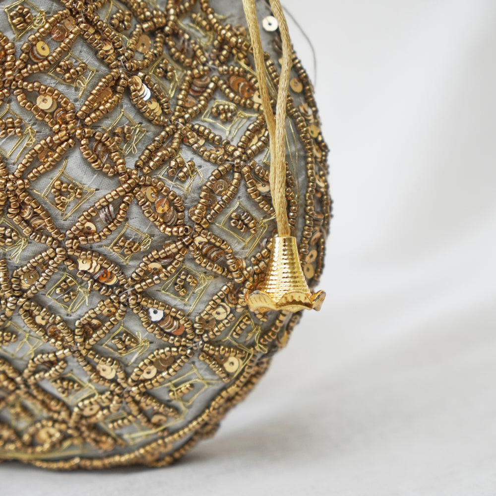 Cotton Faux Silk Embroidery Womens Powder Golden Potli