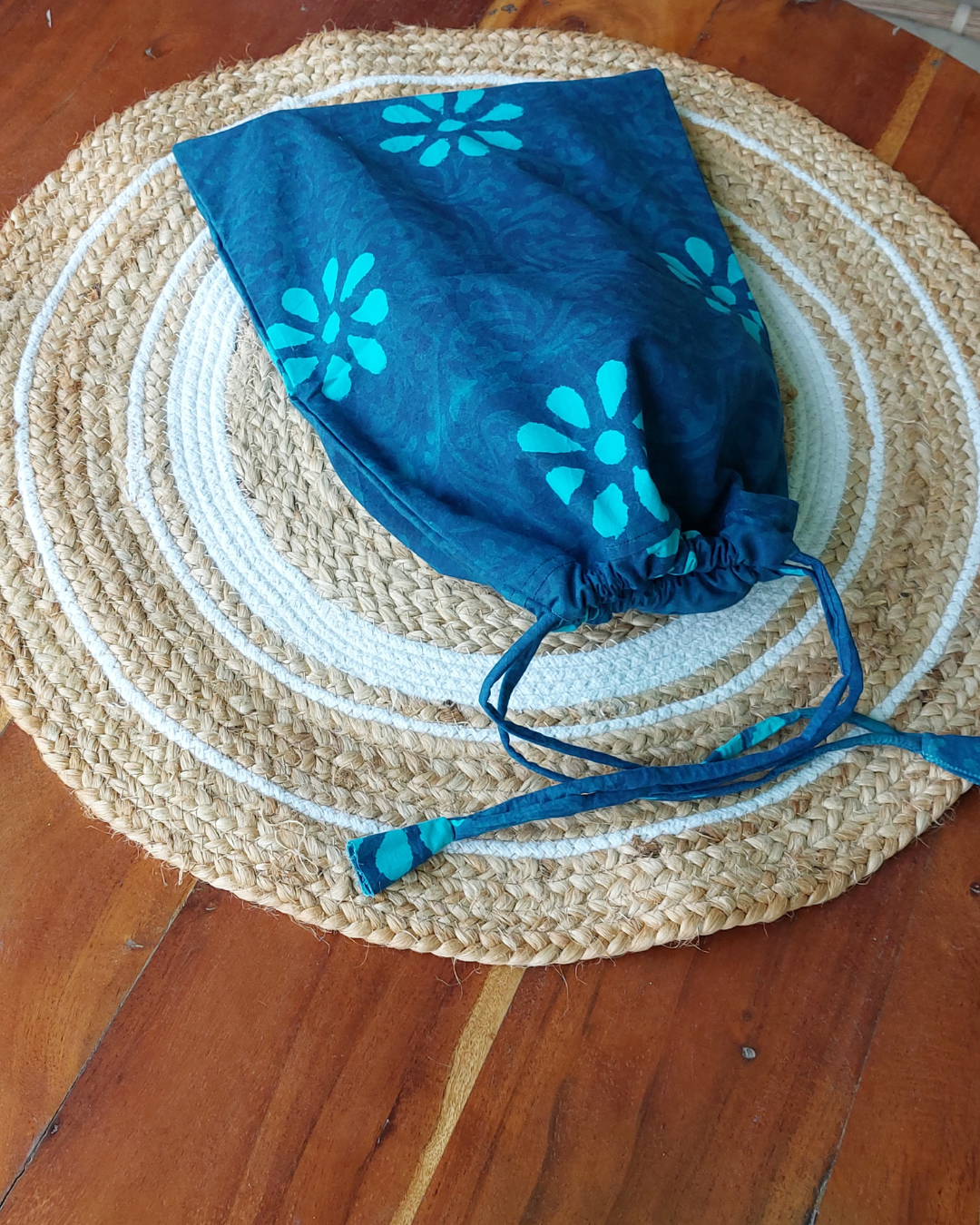 Indigo Turquoise Floral Dabu Print Shoe Bag