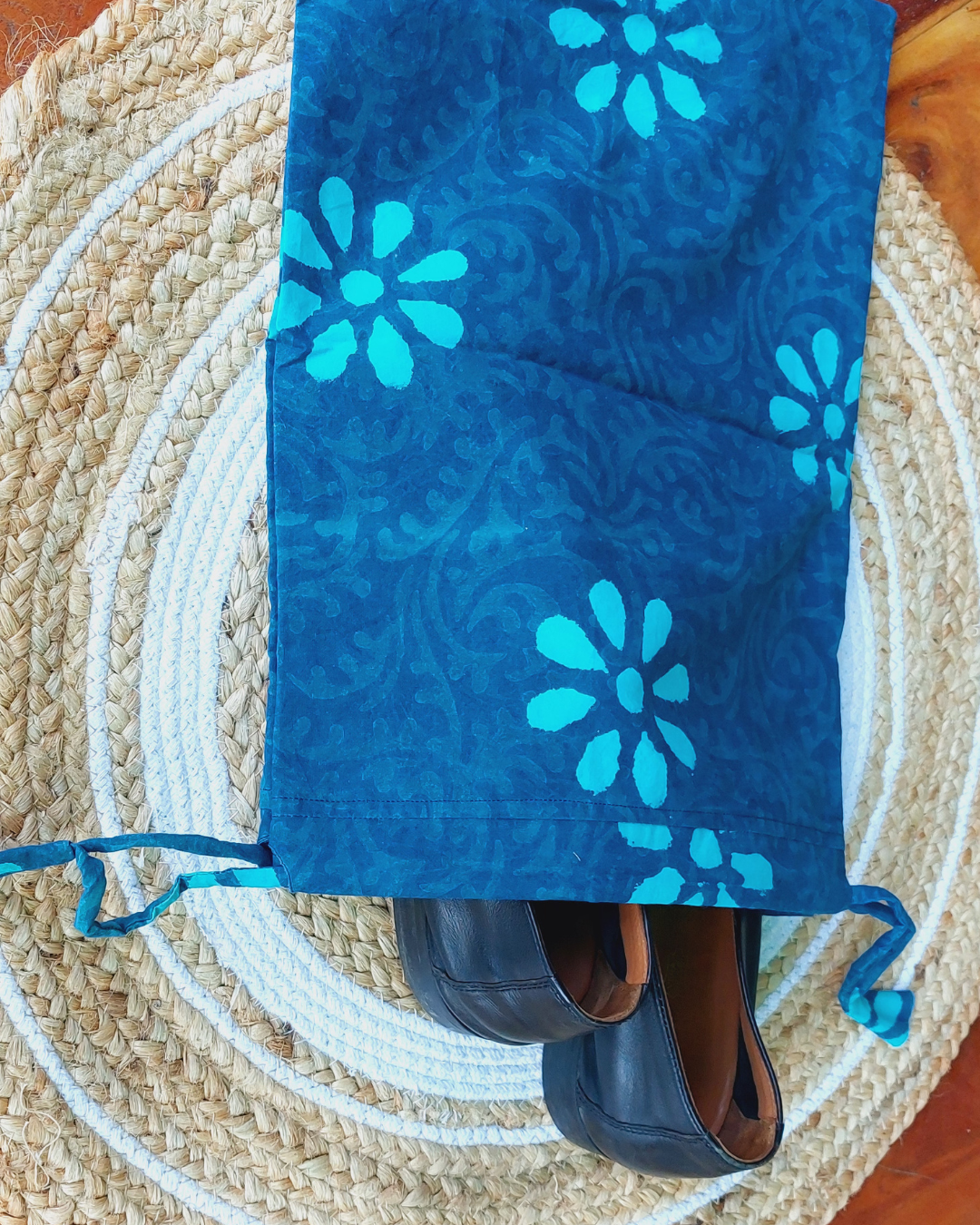 Indigo Turquoise Floral Dabu Print Shoe Bag