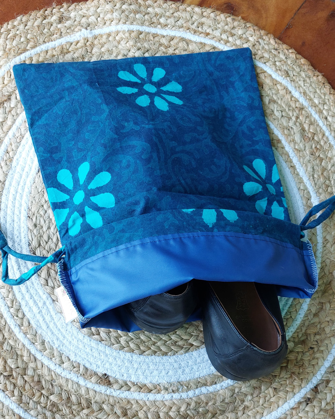 Indigo Turquoise Floral Dabu Print Shoe Bag