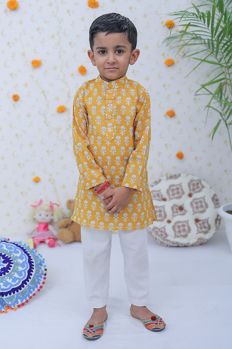 Cotton Mustard White Motif Boy's Kurta Pajama Set