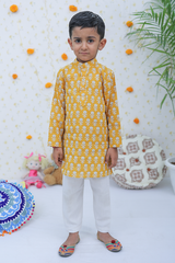 Cotton Masterd White Motif Boy's Kurta Pajama Set