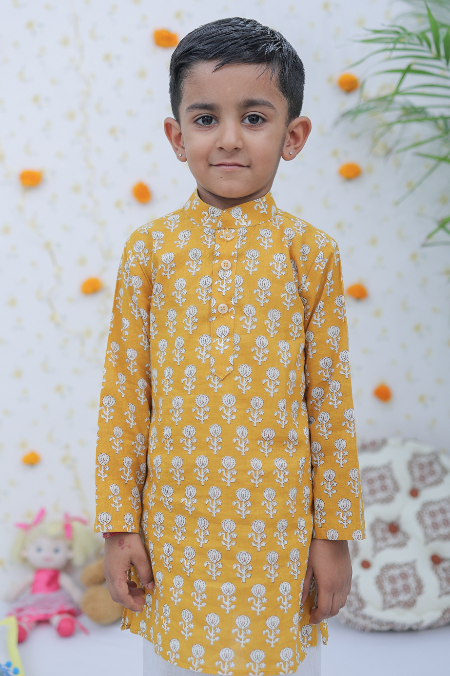 Cotton Mustard White Motif Boy's Kurta Pajama Set