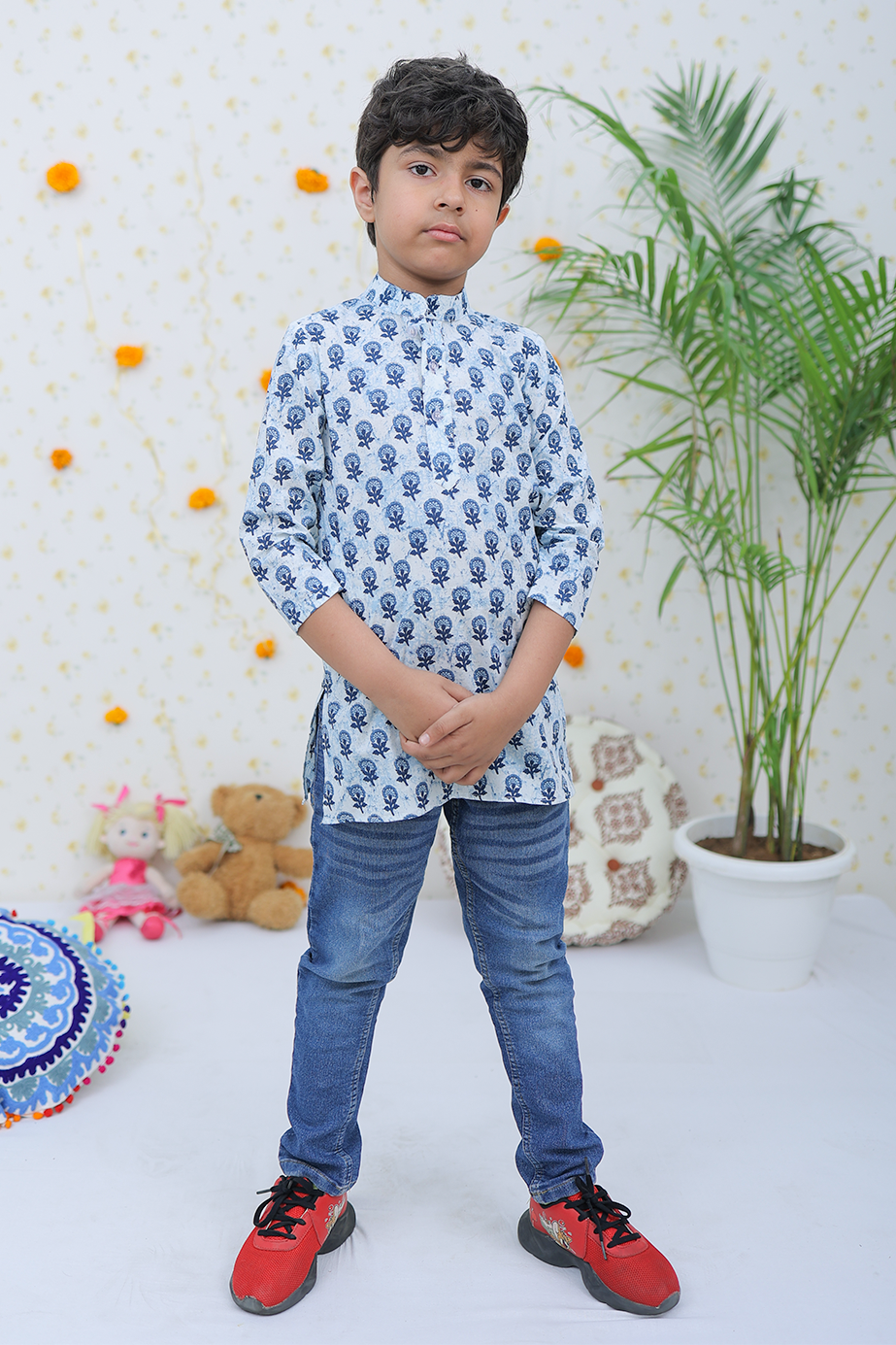 Cotton White Blue Floral Motif Boy's Kurta