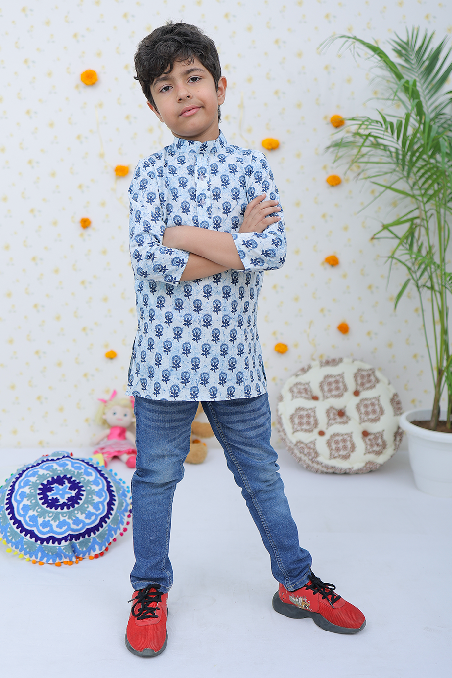 Cotton White Blue Floral Motif Boy's Kurta