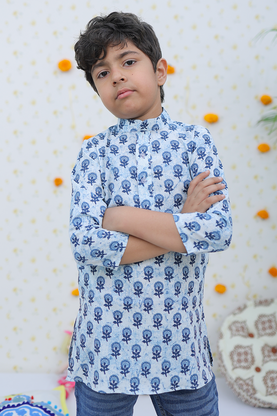 Cotton White Blue Floral Motif Boy's Kurta