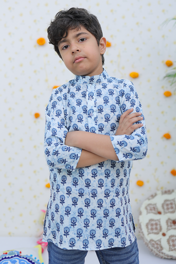 Cotton White Blue Floral Motif Boy's Kurta Pajama Set