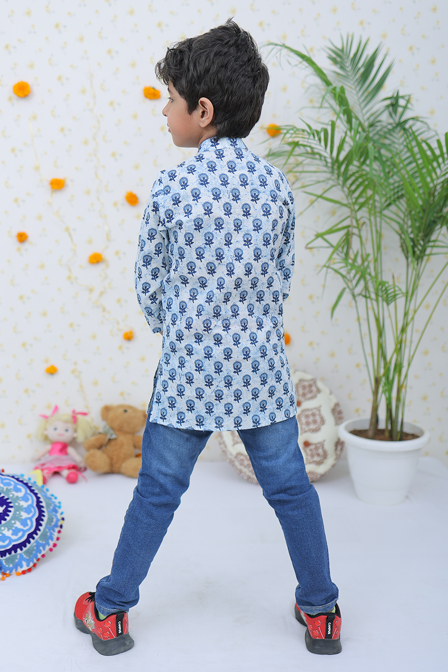 Cotton White Blue Floral Motif Boy's Kurta