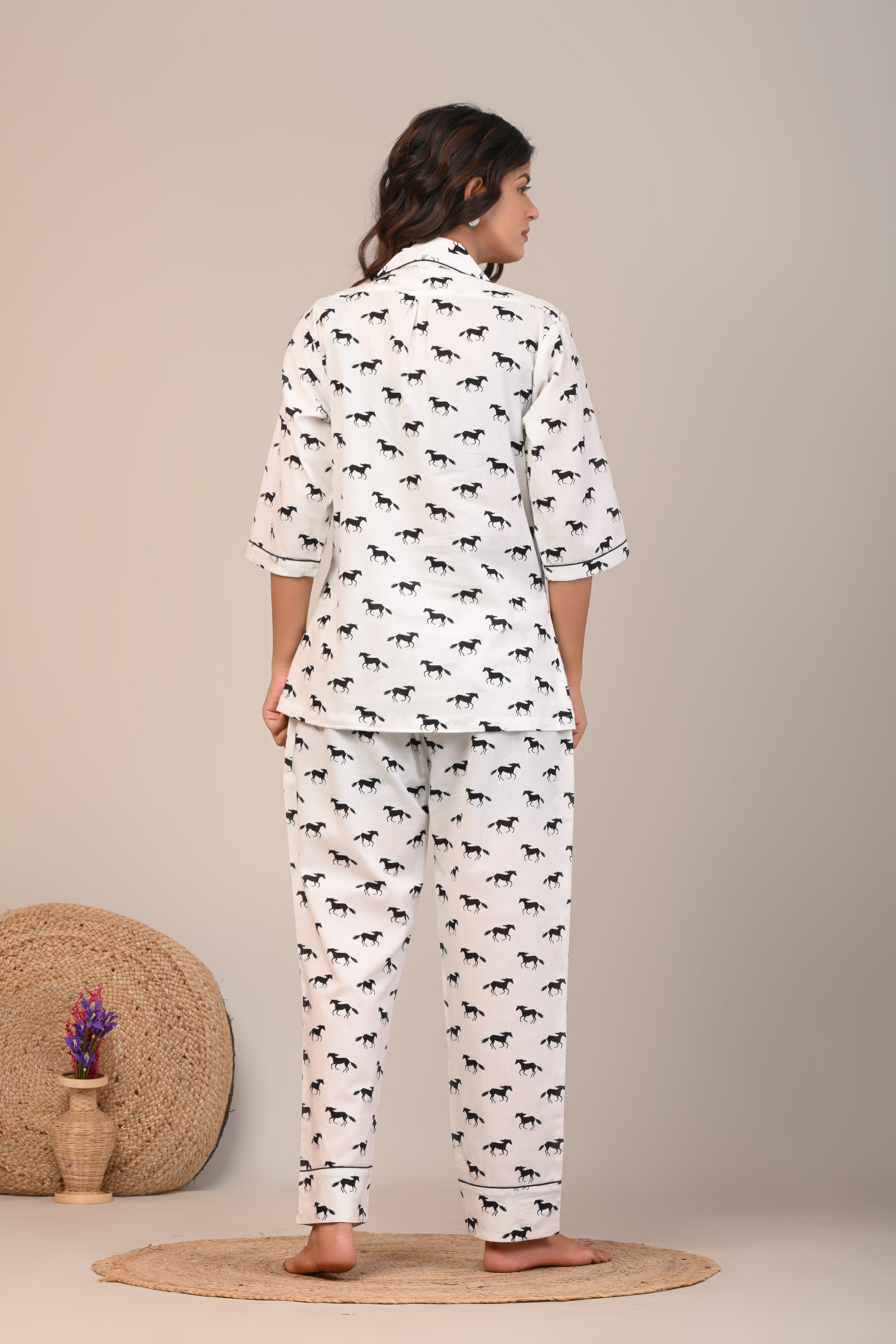 Cotton White Black Horse Womens Co-Ord Set