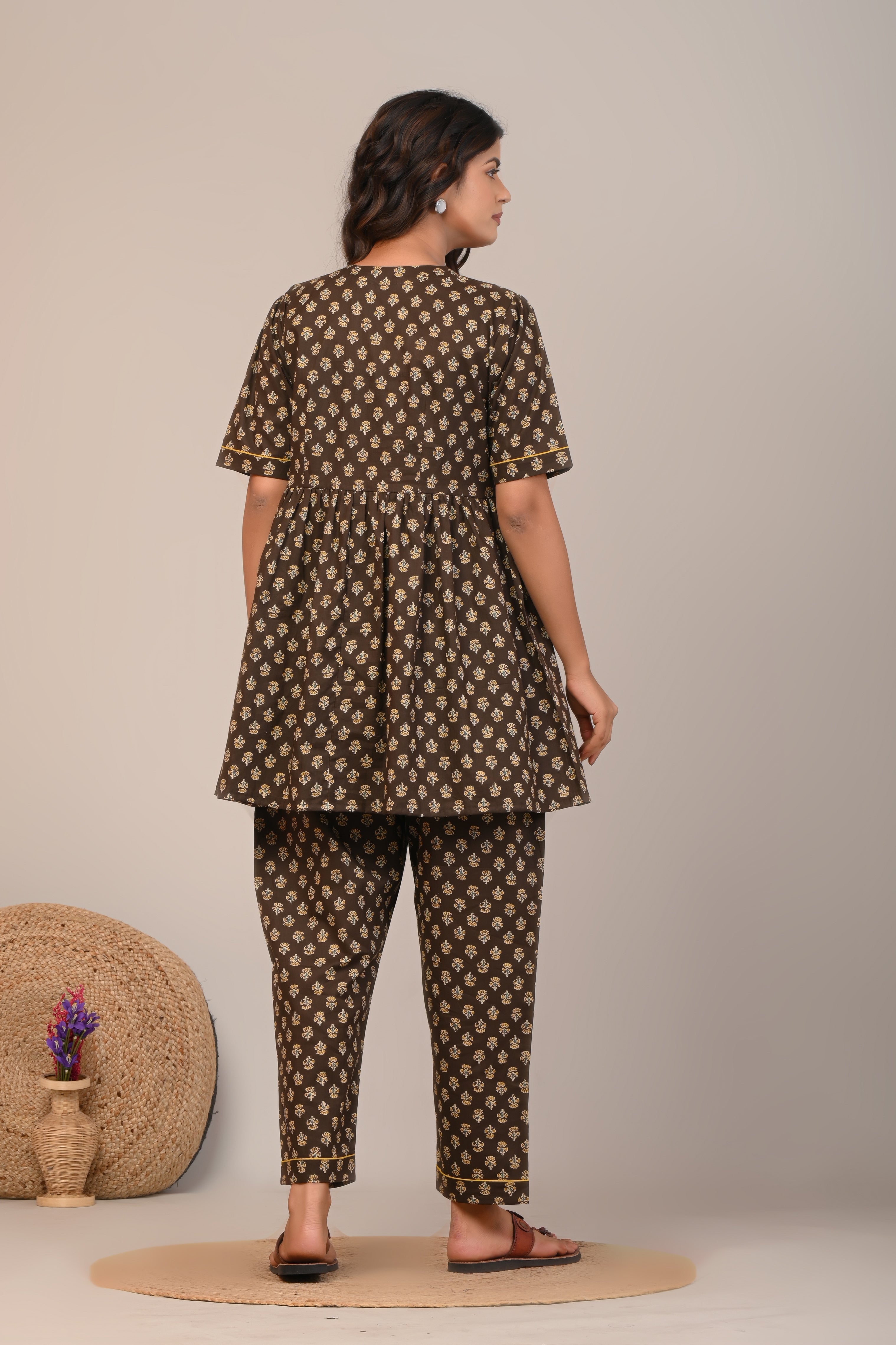 Cotton Dark Brown Floral Womens Co-Ord Set