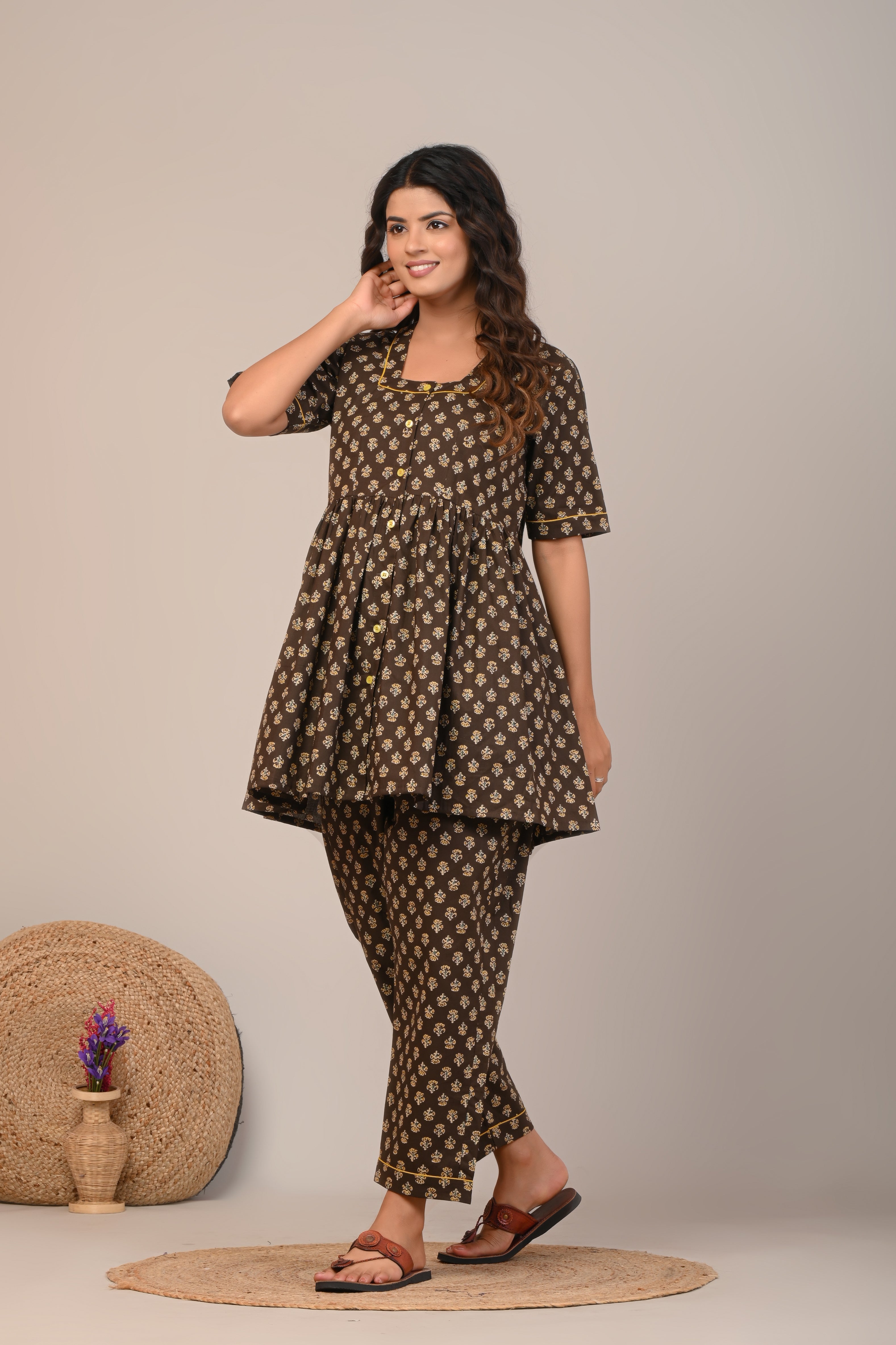 Cotton Dark Brown Floral Womens Co-Ord Set