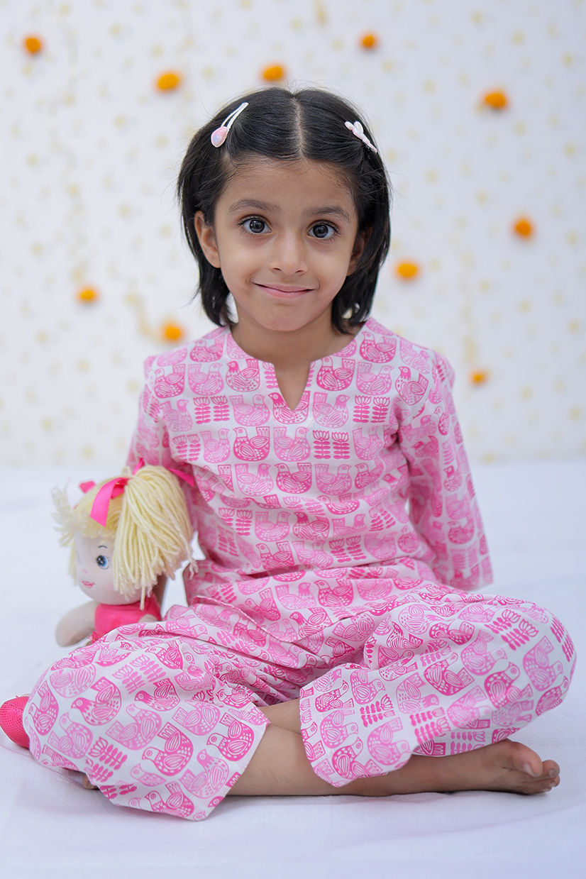 Cotton Pink Pigeons Girls Co-ord Set