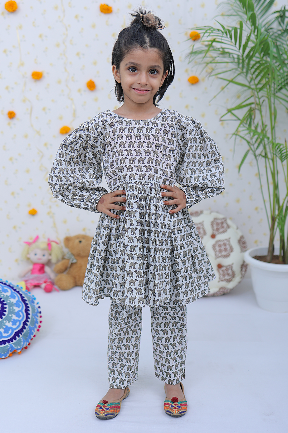 Cotton White Dark Grey Camel Girl's Co-Ord Set