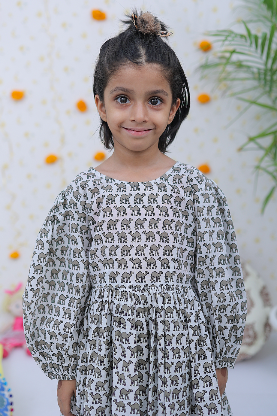 Cotton White Dark Grey Camel Girl's Co-Ord Set