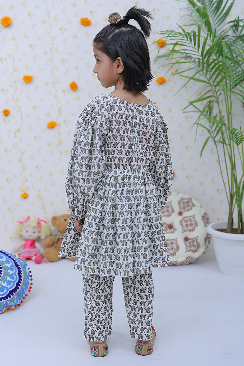 Cotton White Dark Grey Camel Girl's Co-Ord Set