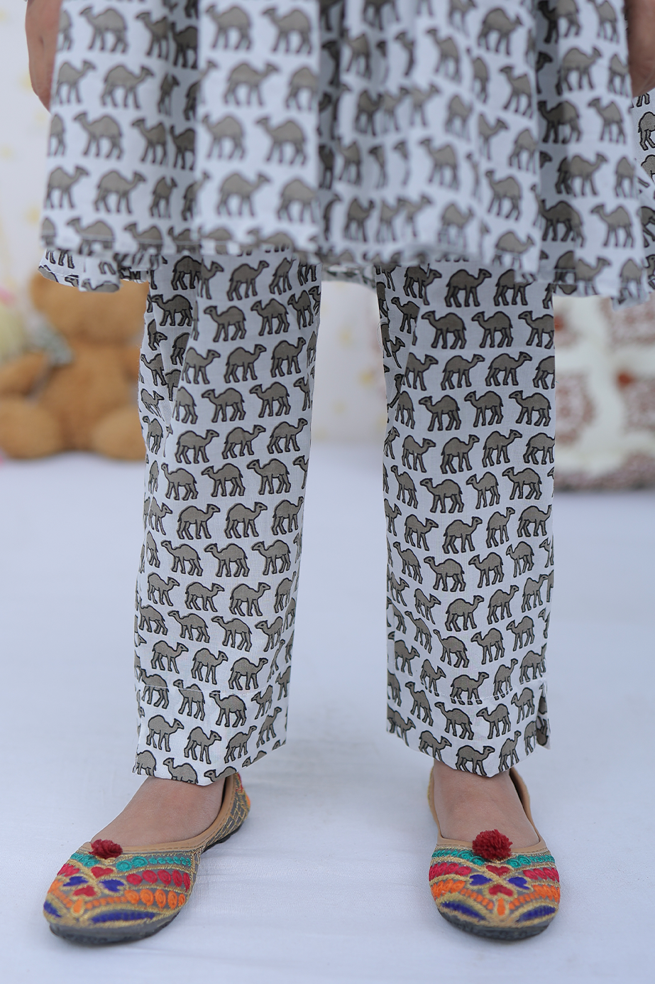 Cotton White Dark Grey Camel Girl's Co-Ord Set