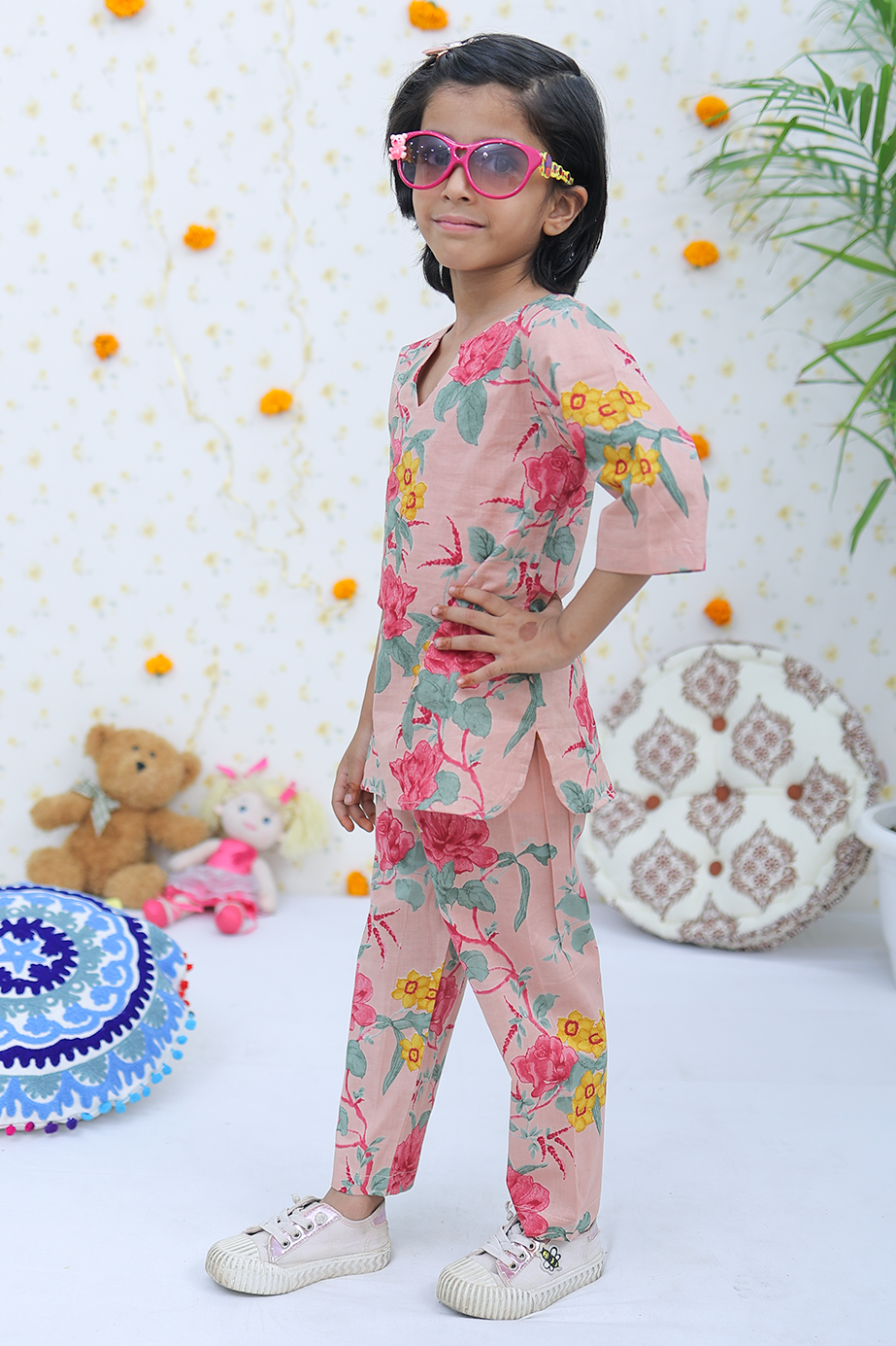 Cotton Salmon Red-Yellow Floral Girl's Co-ord Set