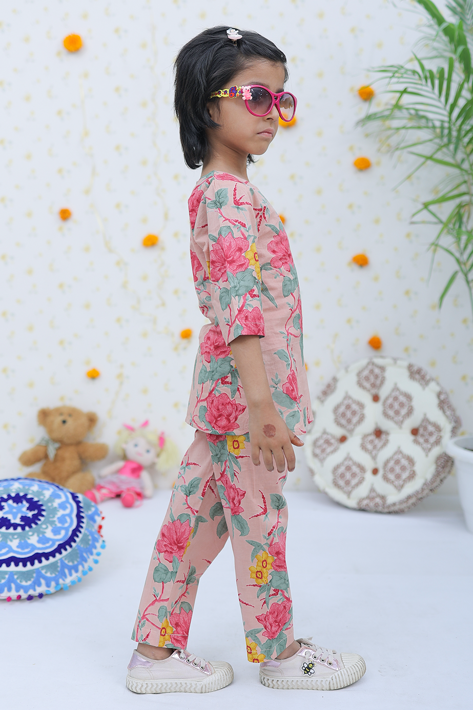 Cotton Salmon Red-Yellow Floral Girl's Co-ord Set