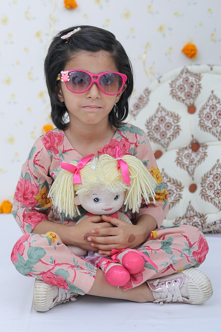 Cotton Salmon Red-Yellow Floral Girl's Co-ord Set