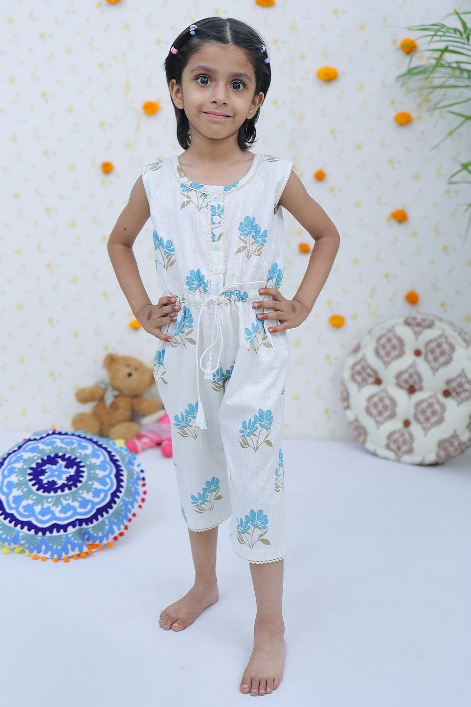 Cotton White Blue Silver Girls Jump Suit
