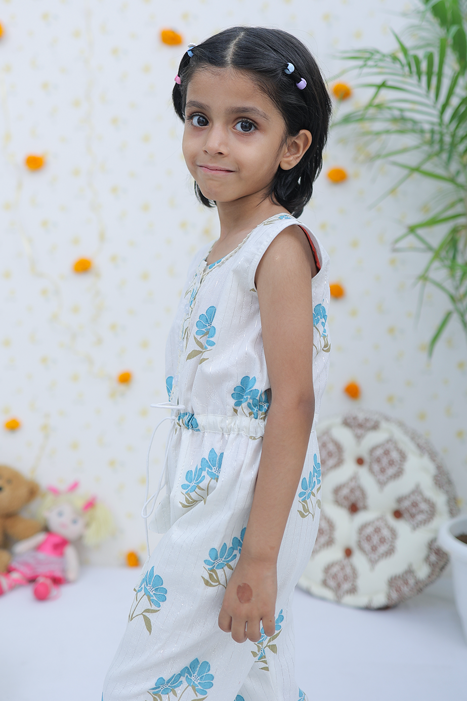 Cotton White Blue Silver Girls Jump Suit