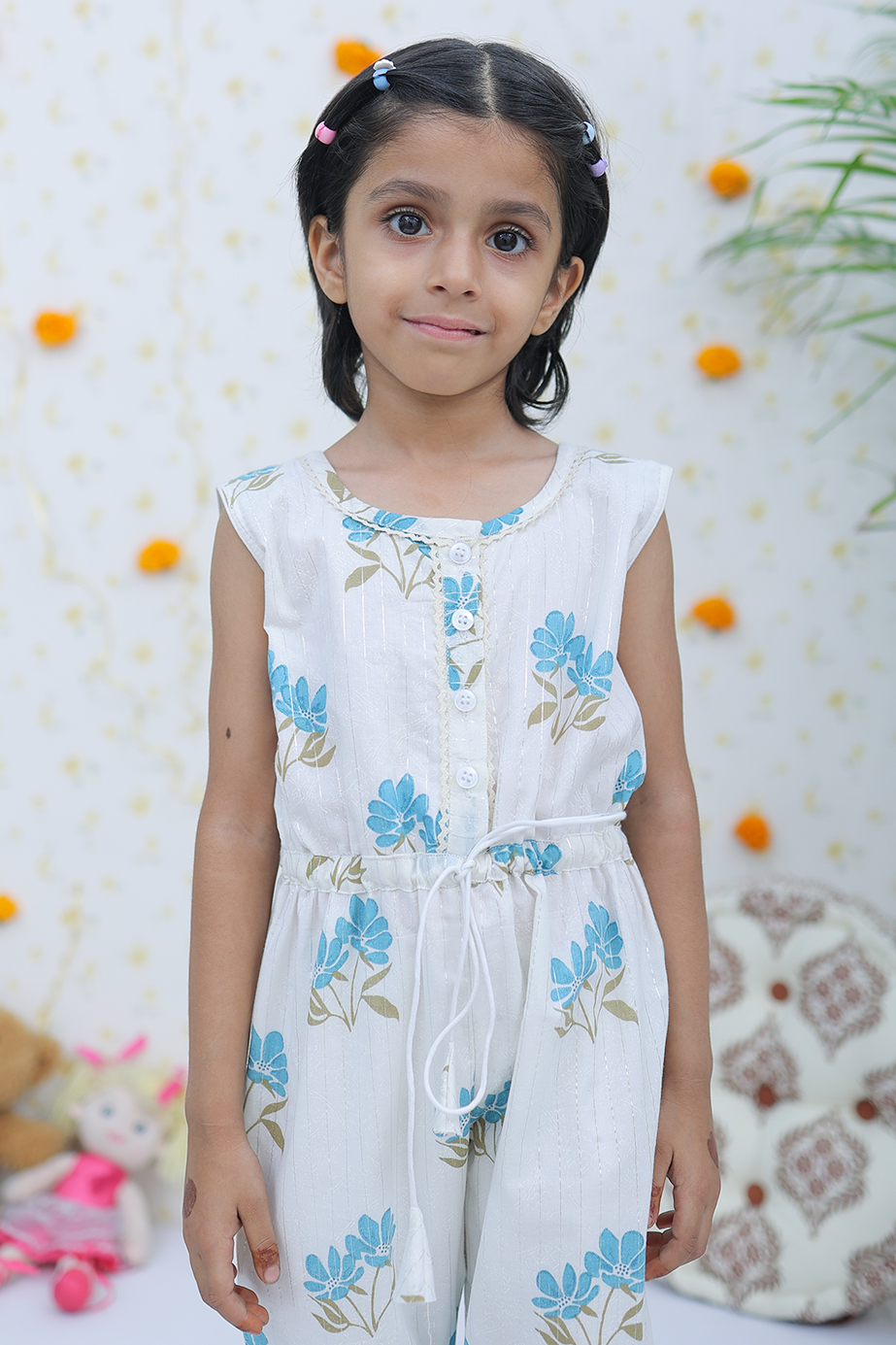 Cotton White Blue Silver Girls Jump Suit