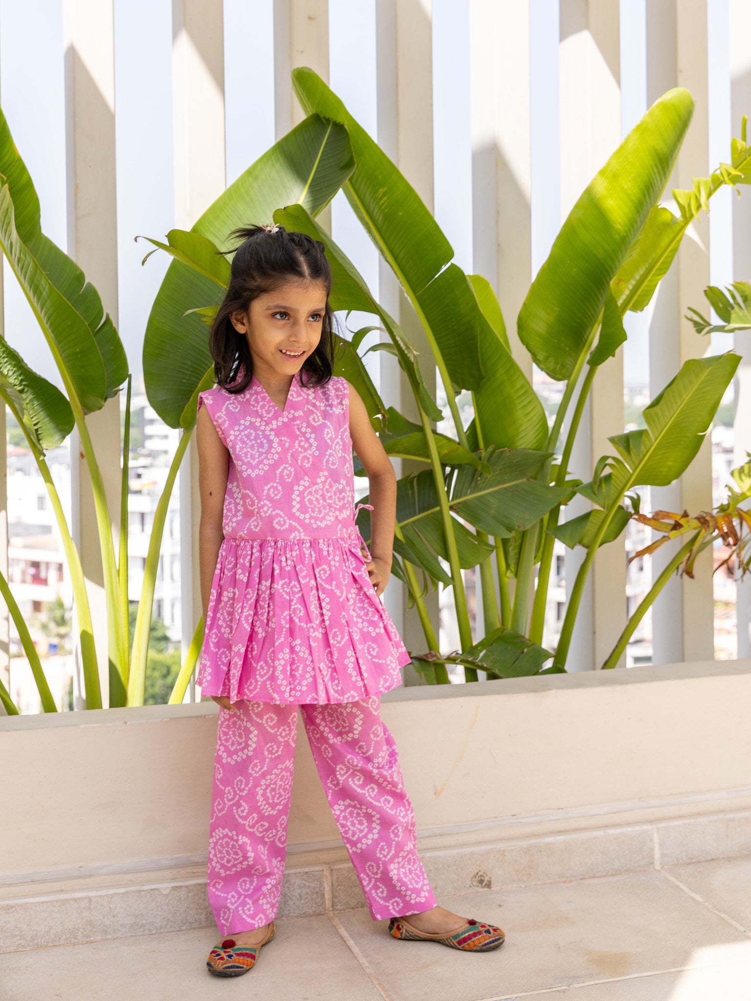 Cotton Pink-White Bandhani Girl's Co-ord Set