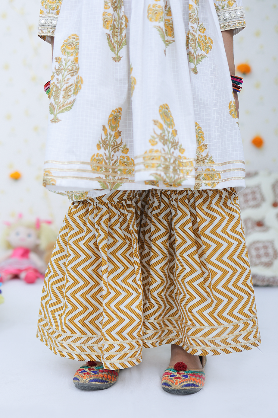 Cotton White-Mustard Floral Girl's Kurta Sharara Set