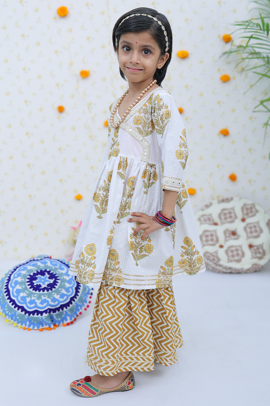 Cotton White-Mustard Floral Girl's Kurta Sharara Set