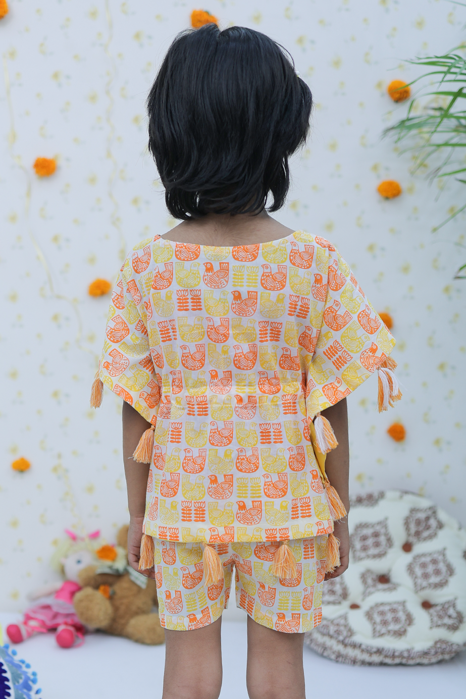 Cotton Yellow-Orange Pigeons Girls Kaftan Shorts Set