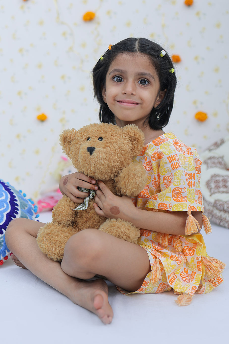 Cotton Yellow-Orange Pigeons Girls Kaftan Shorts Set