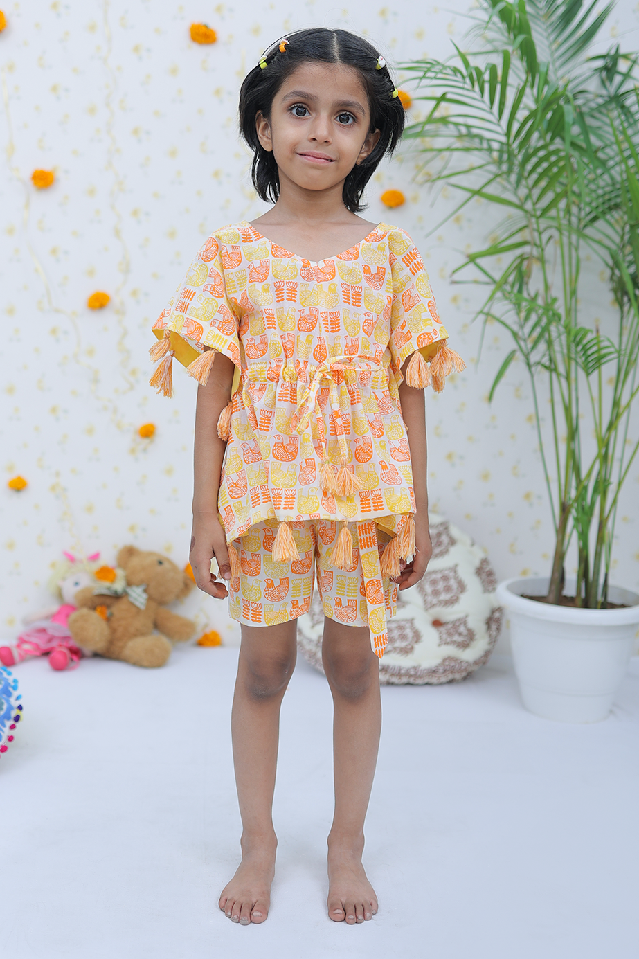 Cotton Yellow-Orange Pigeons Girls Kaftan Shorts Set