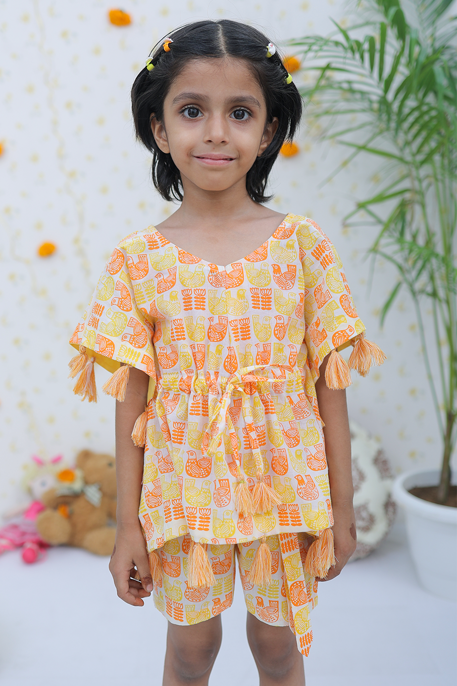 Cotton Yellow-Orange Pigeons Girls Kaftan Shorts Set