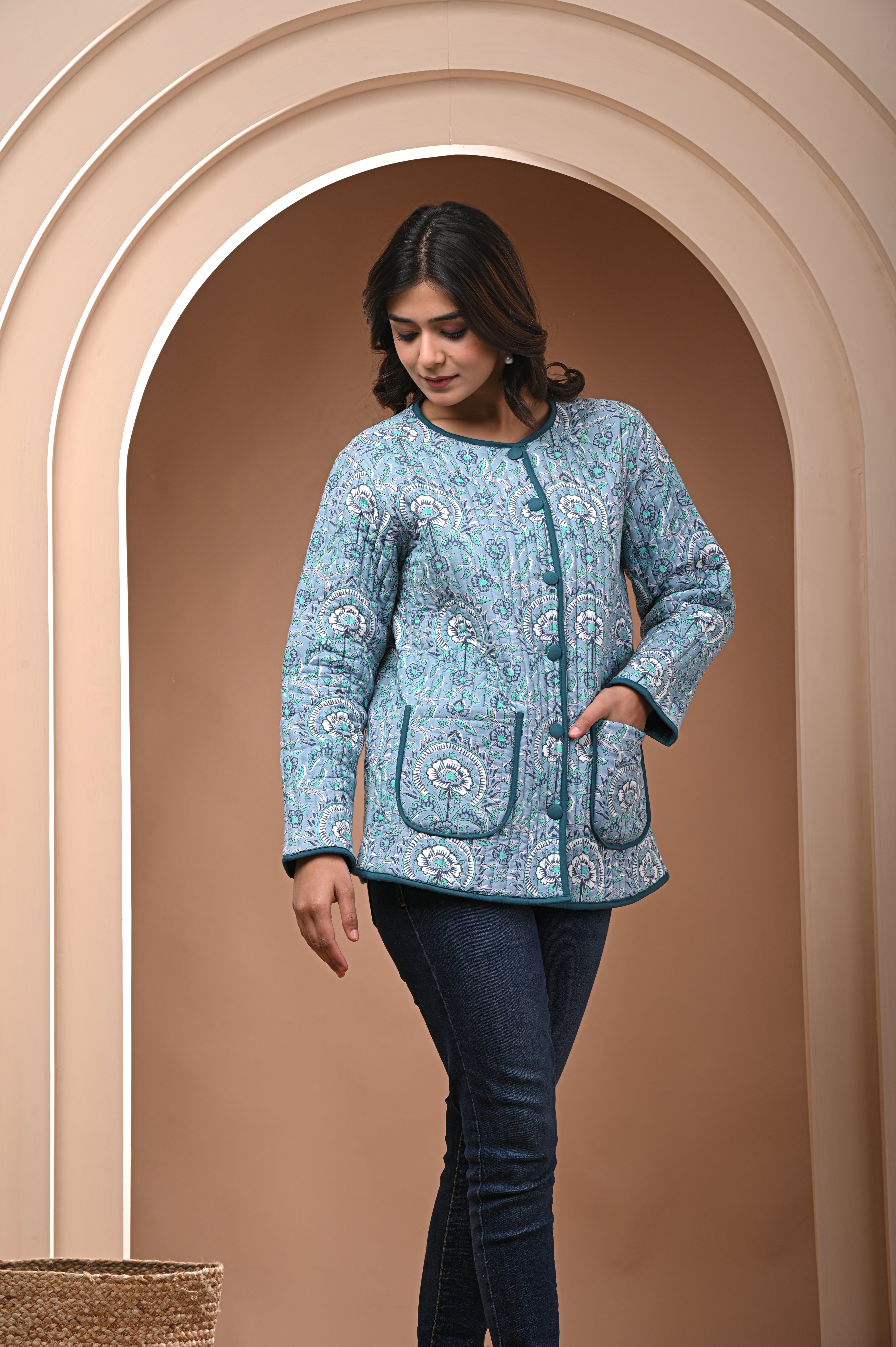 Cotton Columbia Blue SunFlower Quilted Women's Full Sleeves Jacket