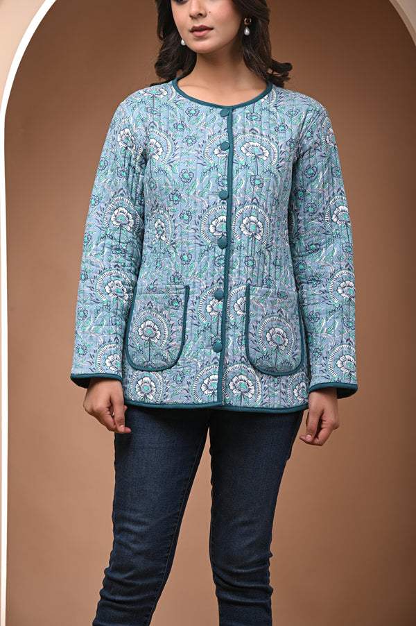 Cotton Columbia Blue SunFlower Quilted Women's Full Sleeves Jacket