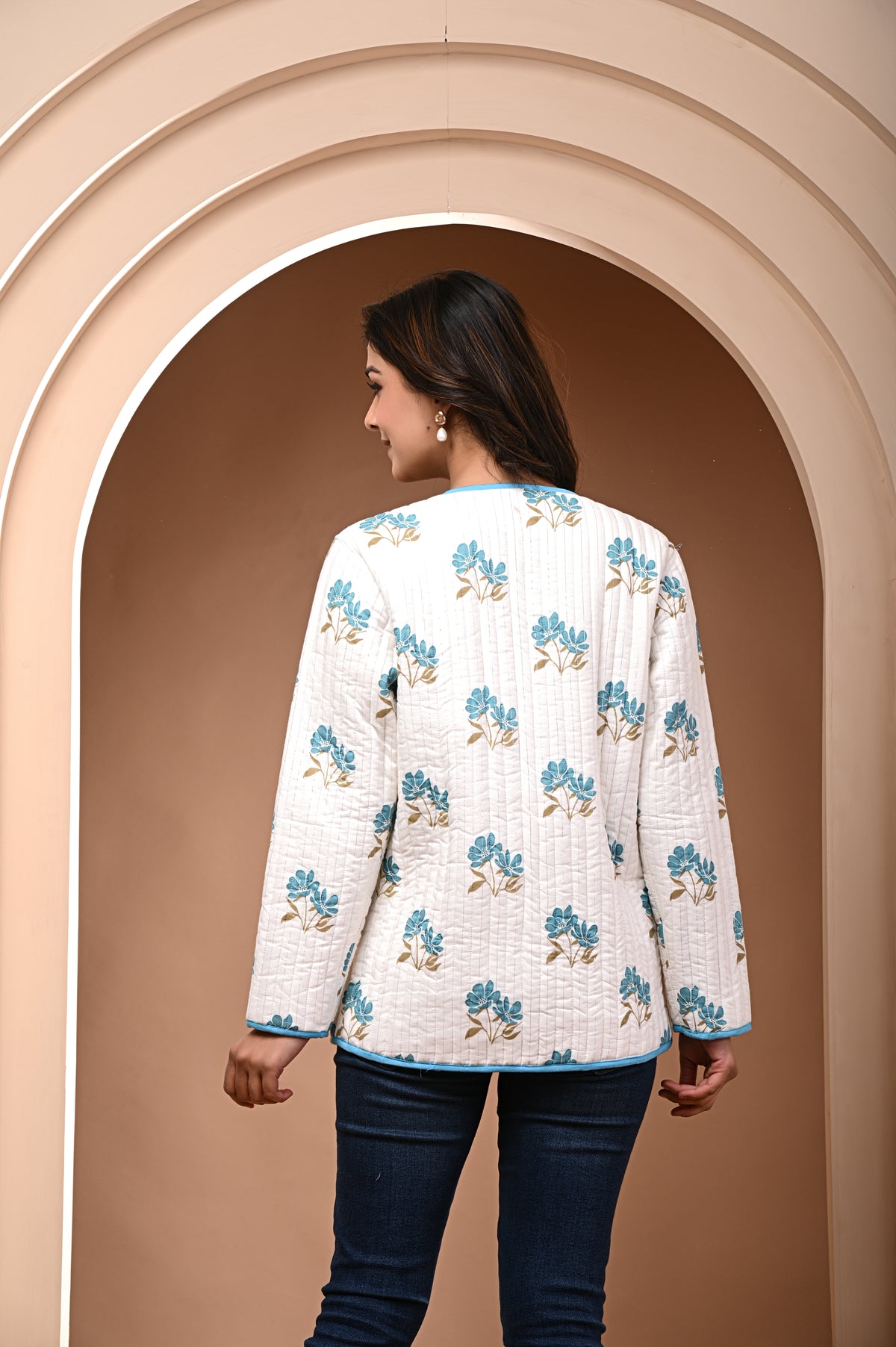 Cotton white bagru print quilted womens full sleves jacket
