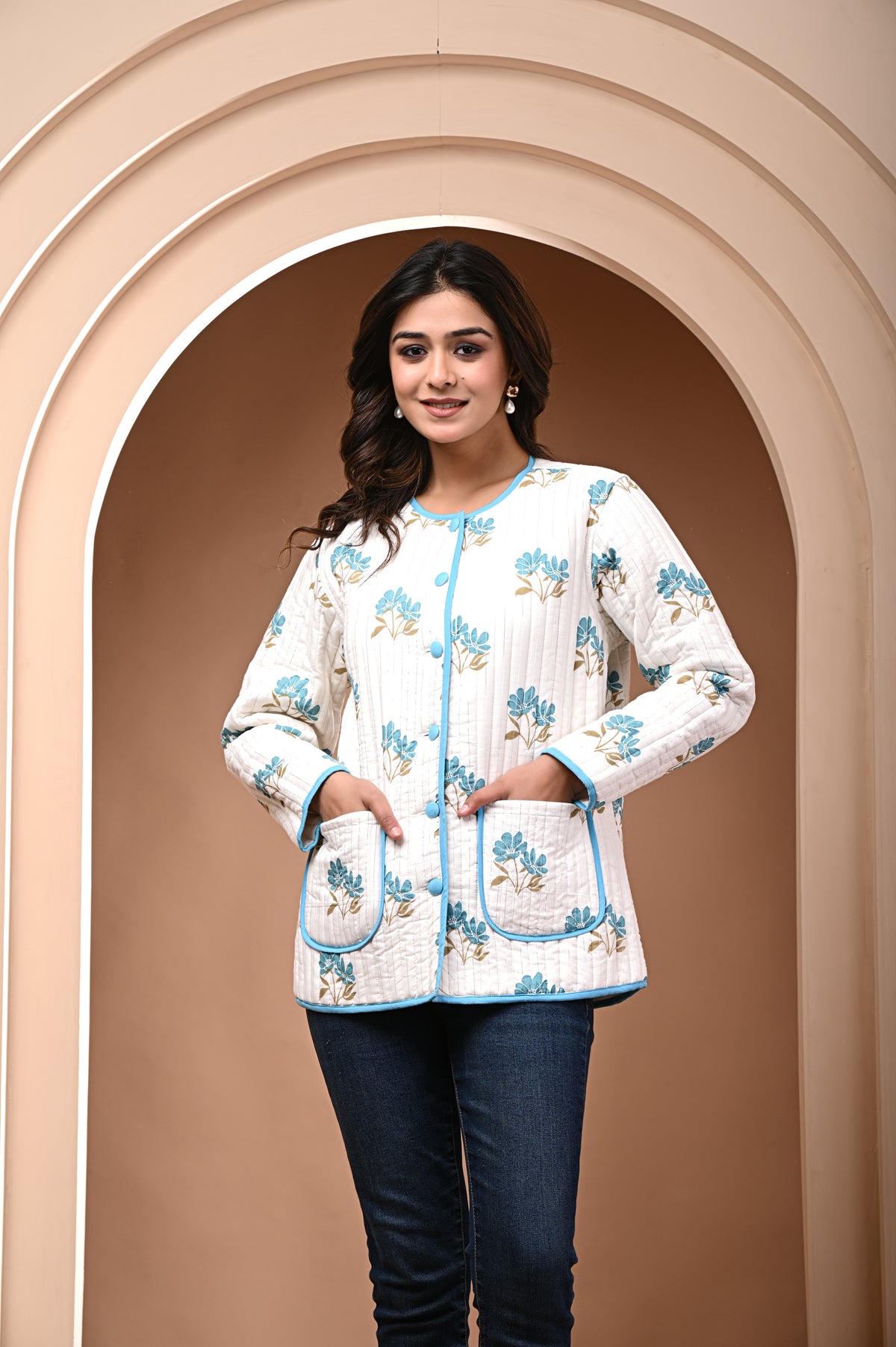 Cotton white bagru print quilted womens full sleves jacket