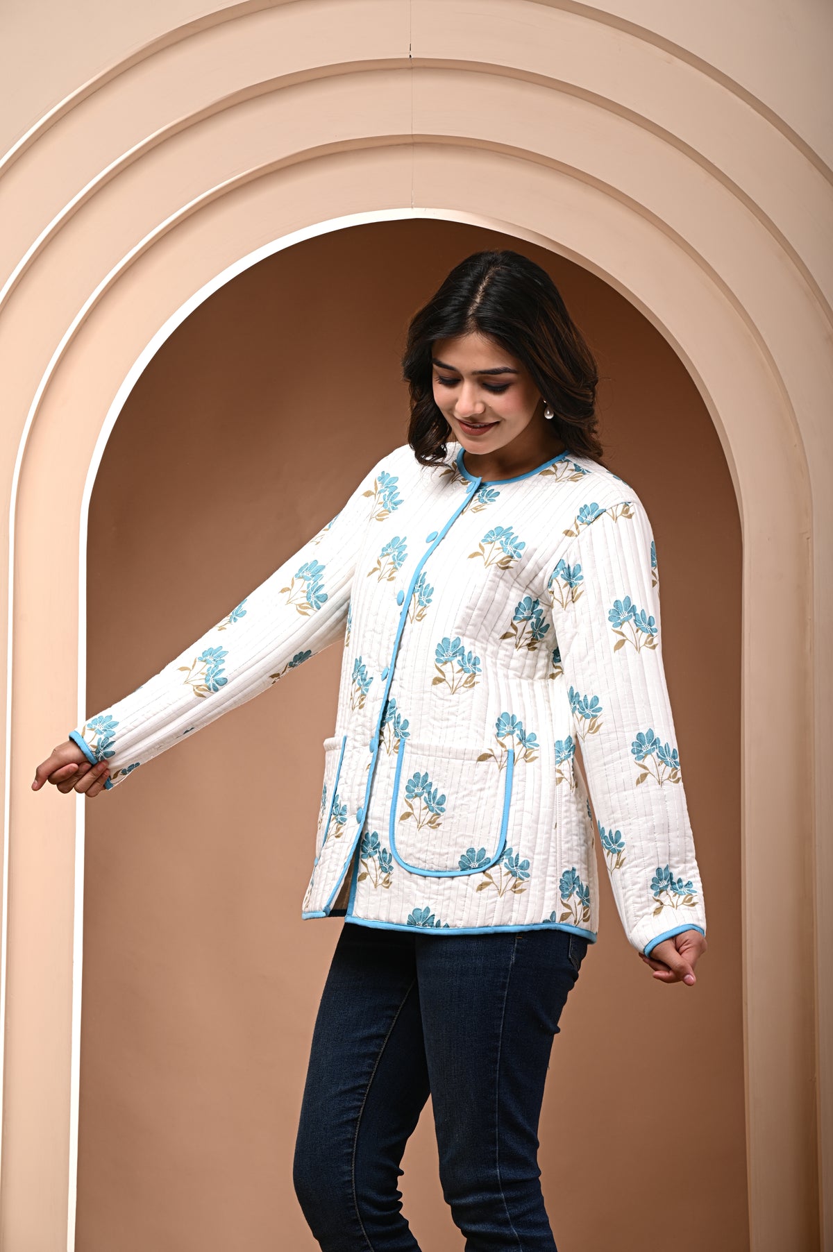 Cotton white bagru print quilted womens full sleves jacket