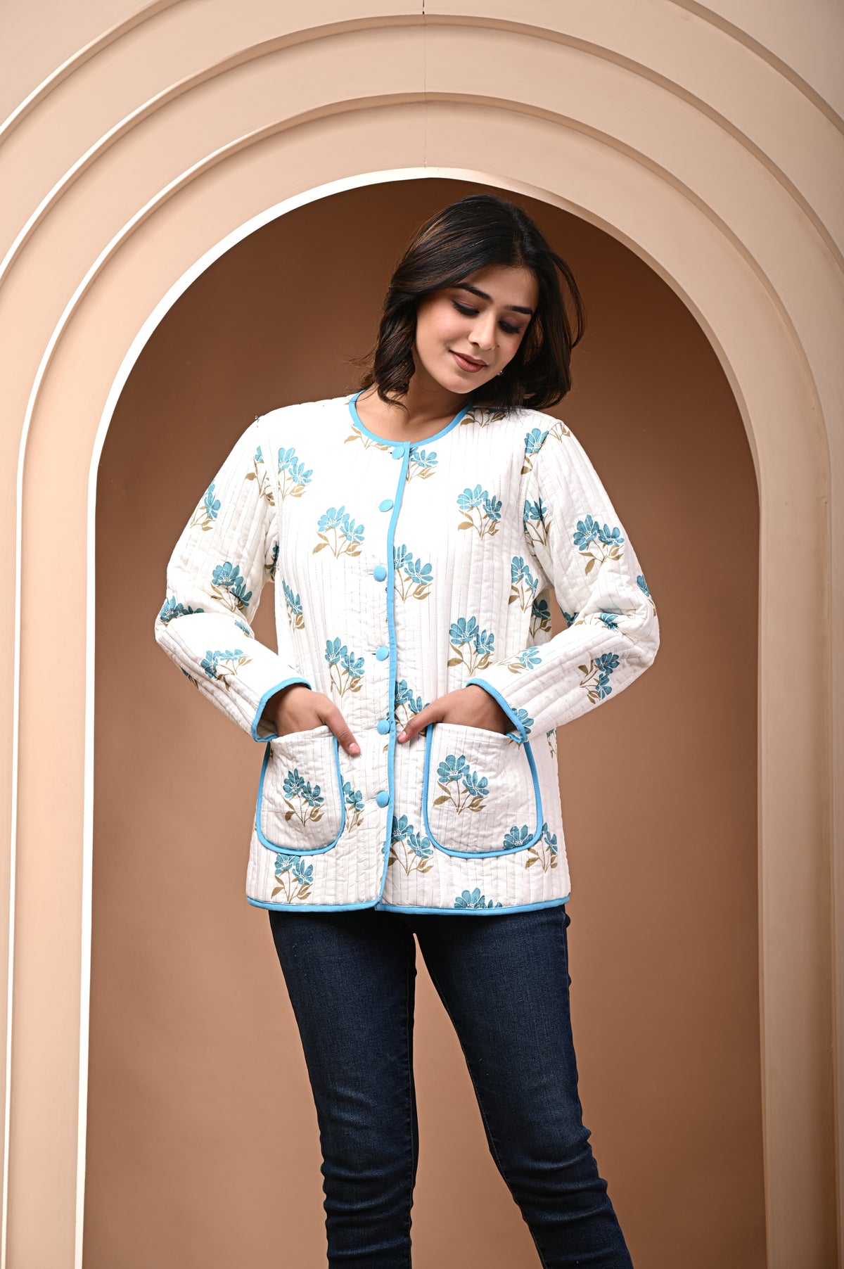 Cotton white bagru print quilted womens full sleves jacket
