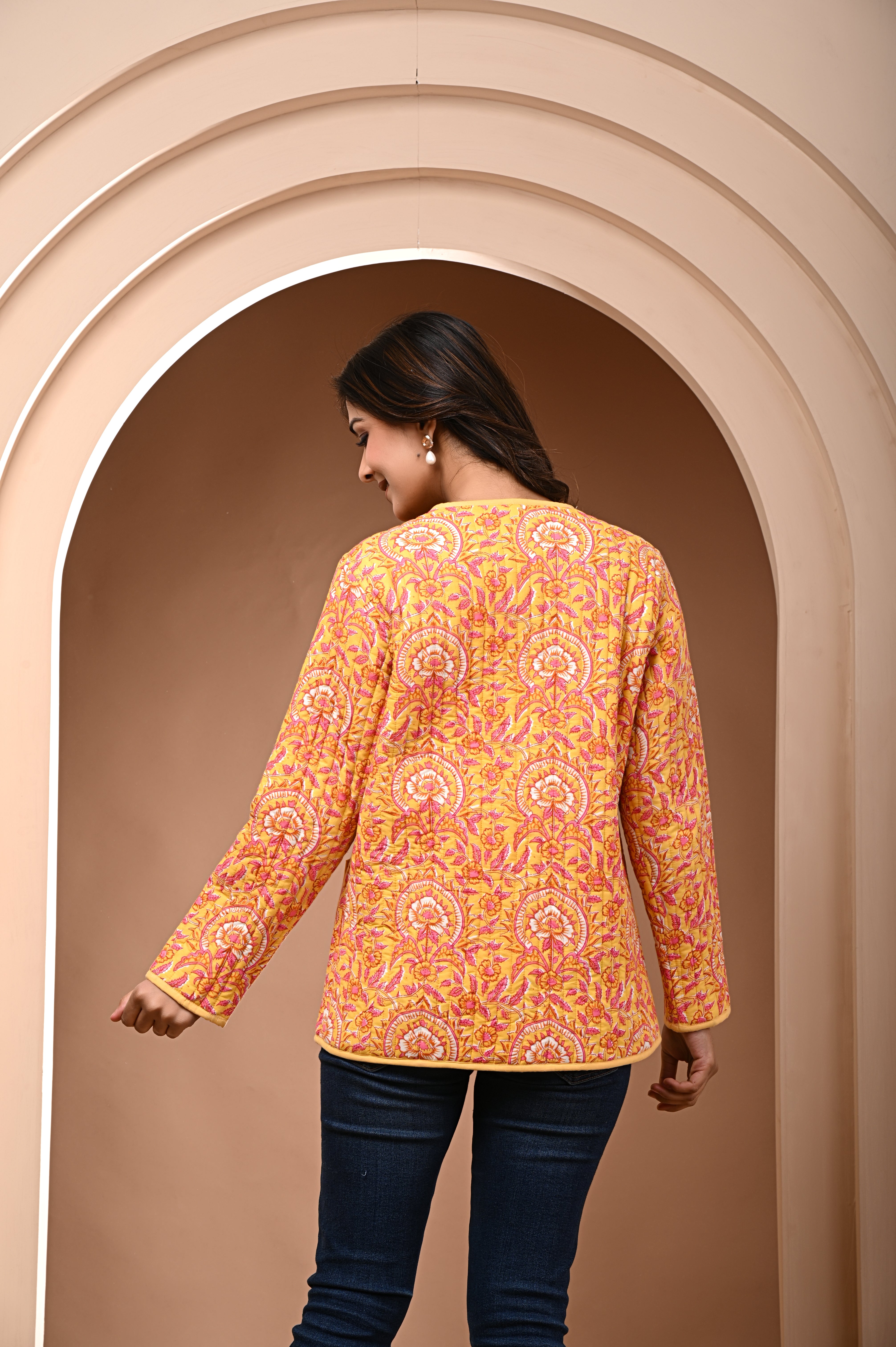 Cotton yellow bagru print sun flower quilted womens full sleves jacket