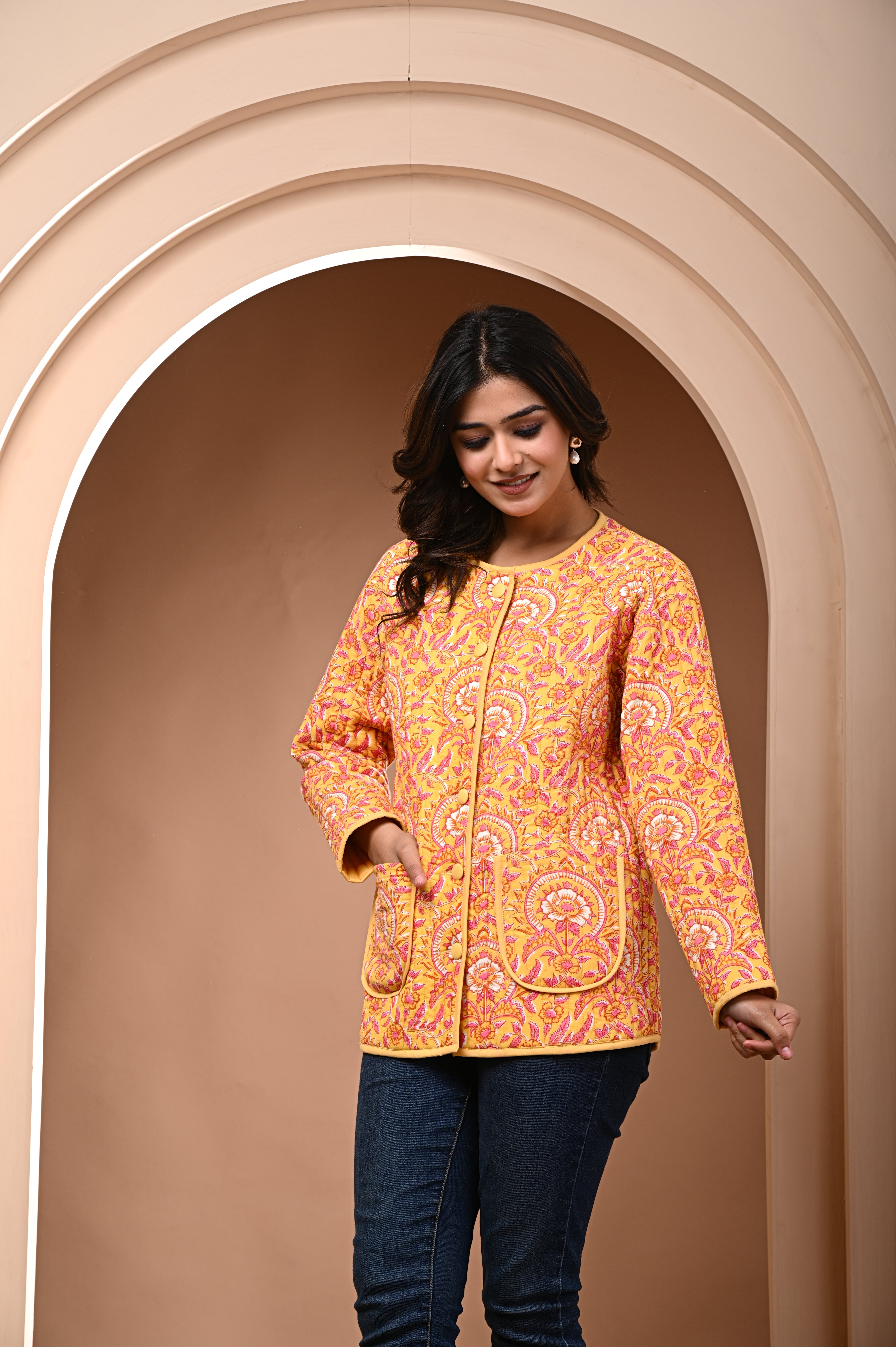 Cotton yellow bagru print sun flower quilted womens full sleves jacket